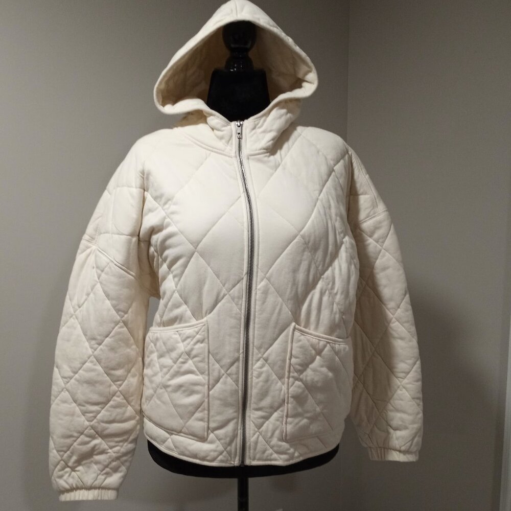 WILD & FABLE CREAM COTTON QUITLED PADDED JACKET WITH HOOD WOMEN SIZE L